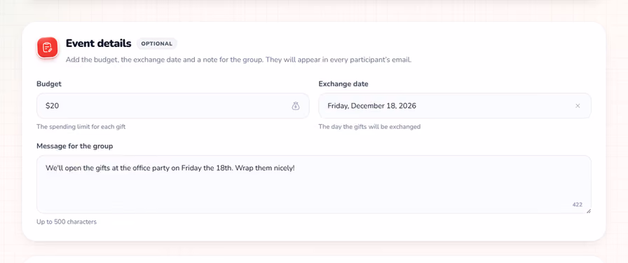 Event details card with the budget, the exchange date and a message for the group