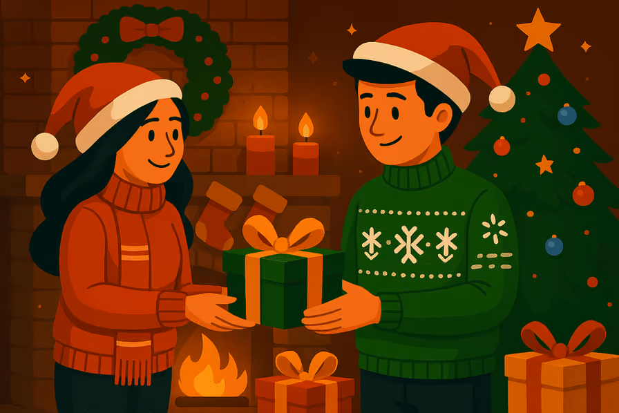 Couple exchanging Christmas gifts at home